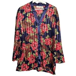 Vintage Victoria's Secret Gold Label Floral Button Front Sleep Shirt Red/Blue L
